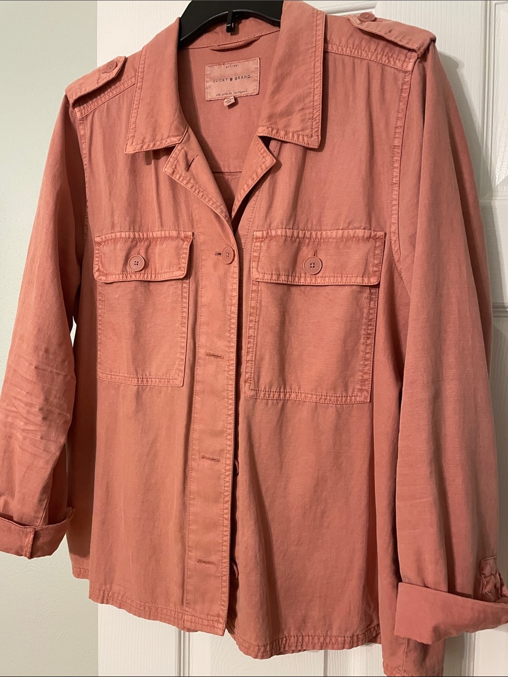 Lucky Brand vintage look jacket in a soft salmon color w/shoulder epaulettes